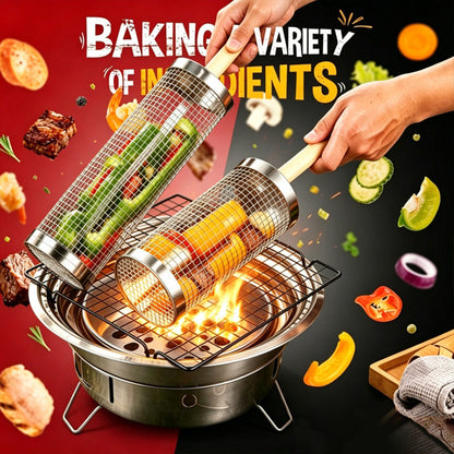 🍗All-in-One BBQ Grill Tool: Stainless Steel Rotary Cage & 14-Slot Foldable Drumstick Rack🍖
