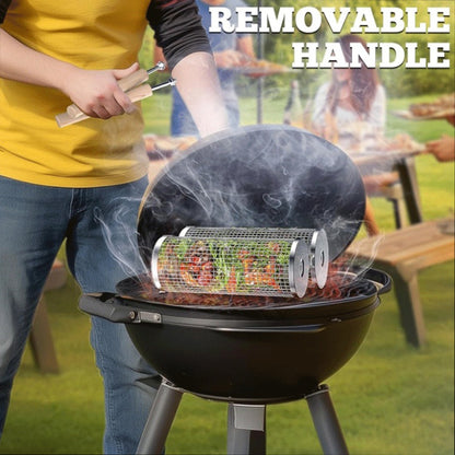🍗All-in-One BBQ Grill Tool: Stainless Steel Rotary Cage & 14-Slot Foldable Drumstick Rack🍖