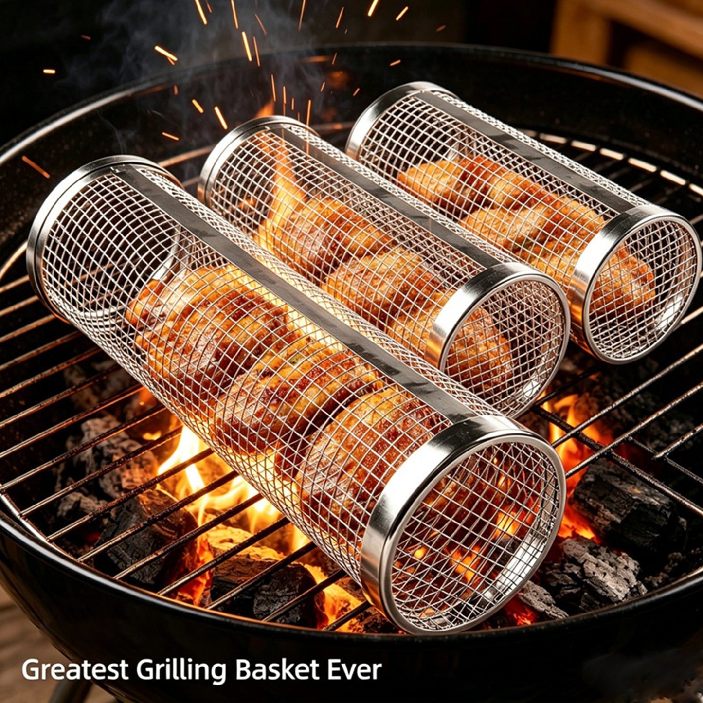 🍗All-in-One BBQ Grill Tool: Stainless Steel Rotary Cage & 14-Slot Foldable Drumstick Rack🍖