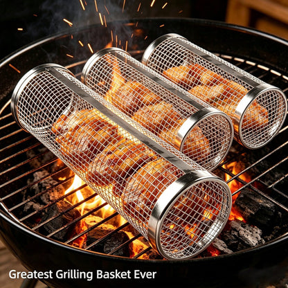 🍗All-in-One BBQ Grill Tool: Stainless Steel Rotary Cage & 14-Slot Foldable Drumstick Rack🍖