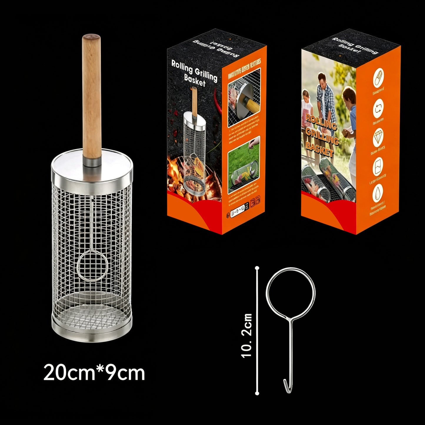 🍗All-in-One BBQ Grill Tool: Stainless Steel Rotary Cage & 14-Slot Foldable Drumstick Rack🍖
