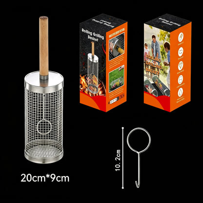 🍗All-in-One BBQ Grill Tool: Stainless Steel Rotary Cage & 14-Slot Foldable Drumstick Rack🍖