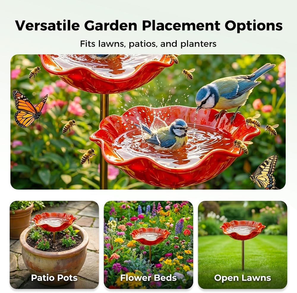 🎁Handmade Metal Flower Garden Stake Bird Bath🐦