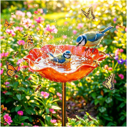 🎁Handmade Metal Flower Garden Stake Bird Bath🐦