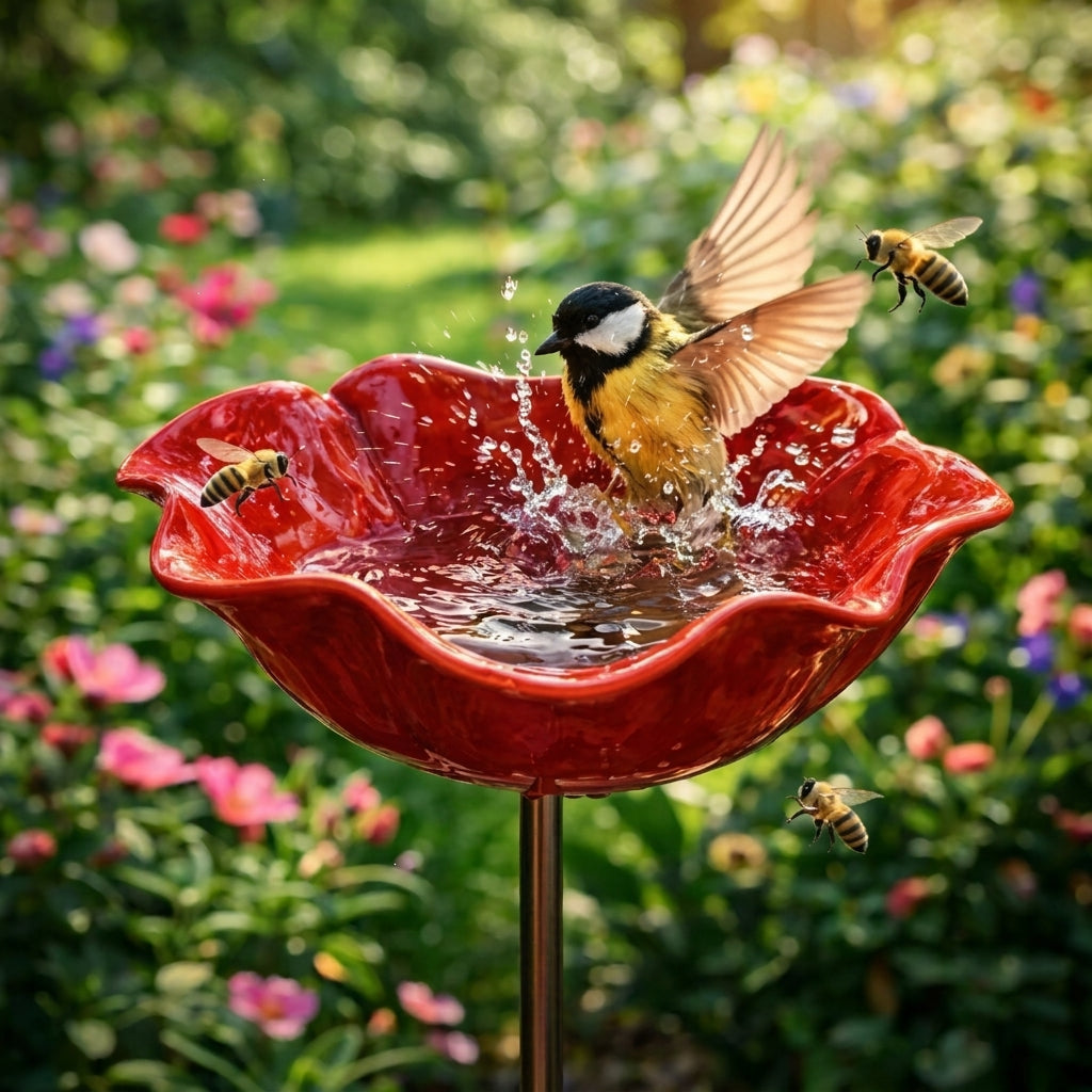 🎁Handmade Metal Flower Garden Stake Bird Bath🐦